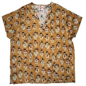 Seasons CelScrub Cotton Scrub Top V Neck Holiday Snowman Birdhouse Gold Spice XL